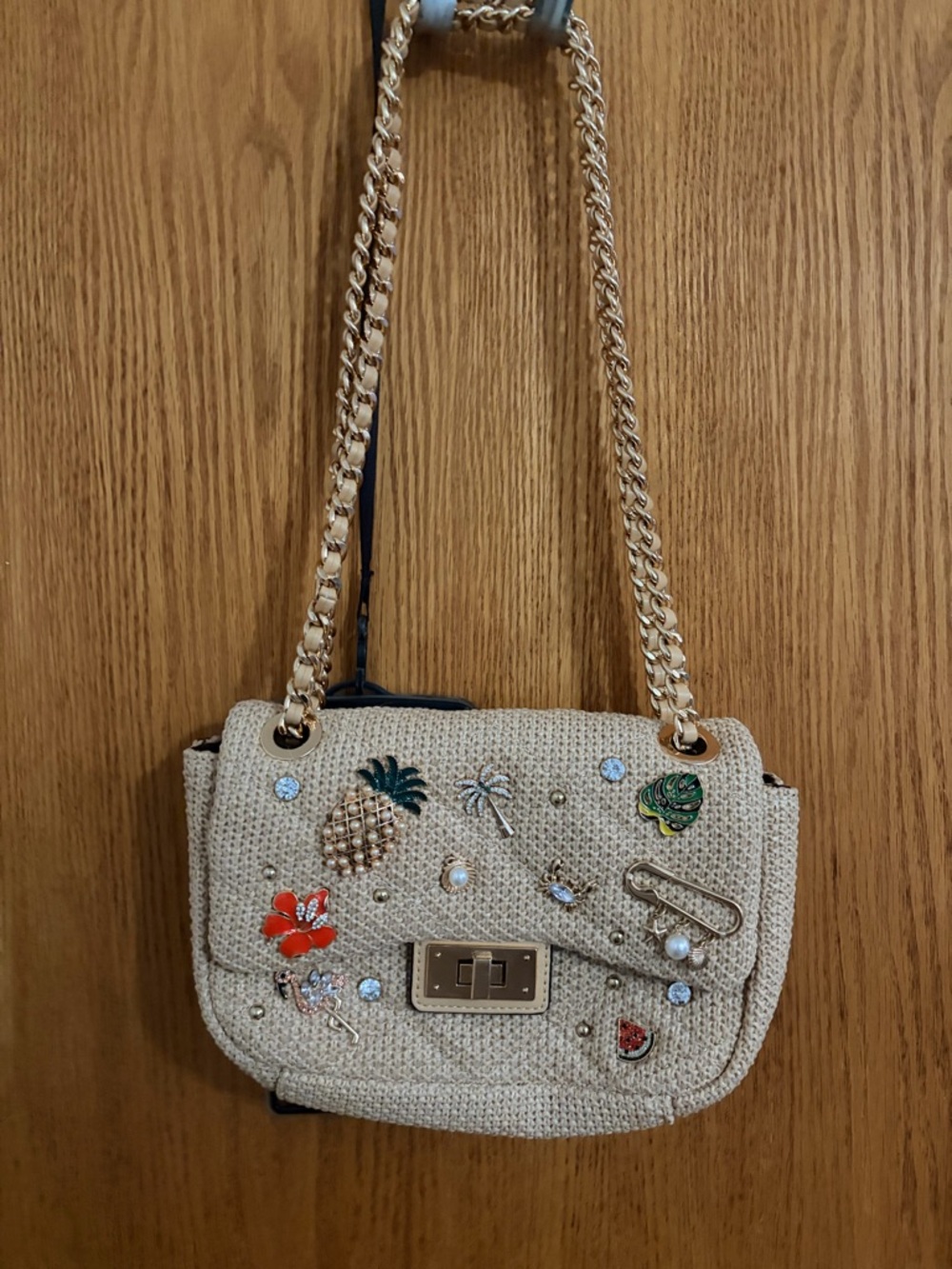 Aldo Beige Embellished Straw Shoulder Bag with Gold Chain